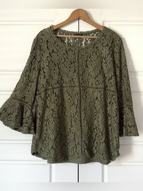 New Directions Boho Floral Lace Top Womens XL Olive Green Coquette Bell Sleeves